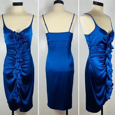SUSANA MONACO Silk Satin Slip Dress sz4 Ruched Ruffle Teal Blue Evening Cocktail