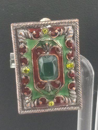 Unikat Vintage Grün Burgund Emaille Kupfer Grün Steine Design Clip-On Ohrringe - Bild 6 von 10