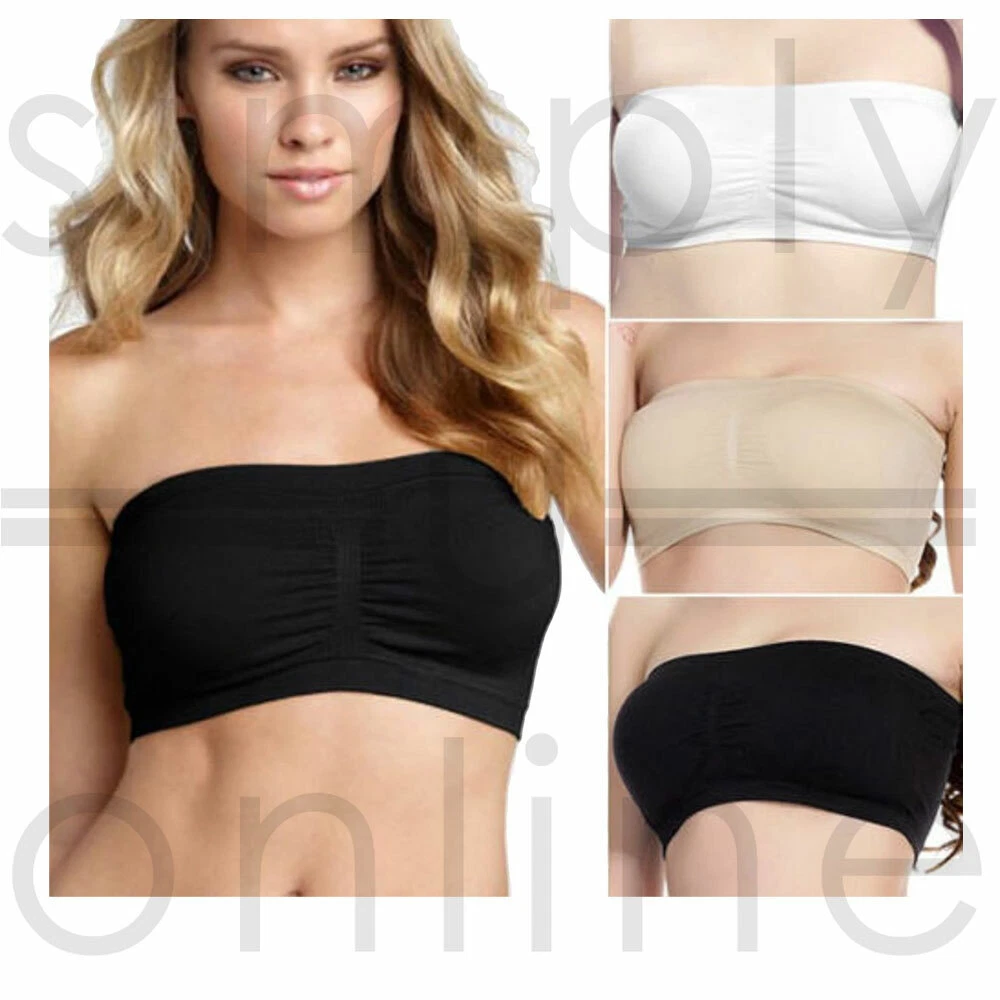 2 Pack Ladies Bandeau Strapless Boob Tube Bras Black, White & Nude