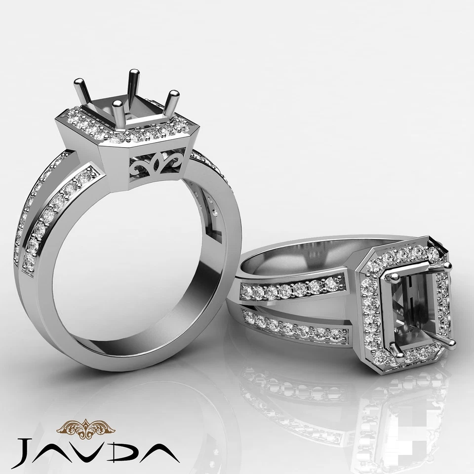 Halo Pave Emerald Split Shank Semi Mount Diamond Engagement Ring 14k Gold 0.6Ctw - Image 3 of 4