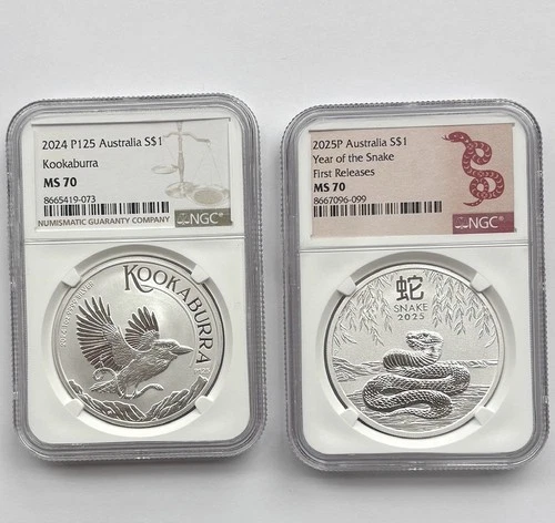 Australia Perth Mint Silver: 2025 Year Of The Snake & 2024 Kookaburra NGC MS 70