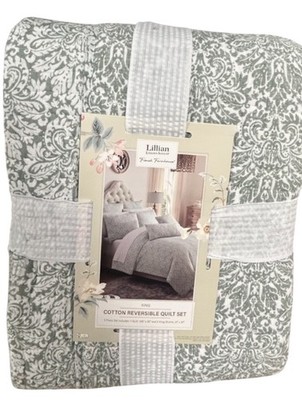 Lillian August Green and White King Cotton Reversible Quilt Set 106 x92 
