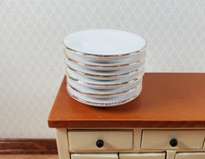 Dollhouse Large Round Plates 1:6 Scale 1 11/16" White Gold Trim Set of 6 Ceramic