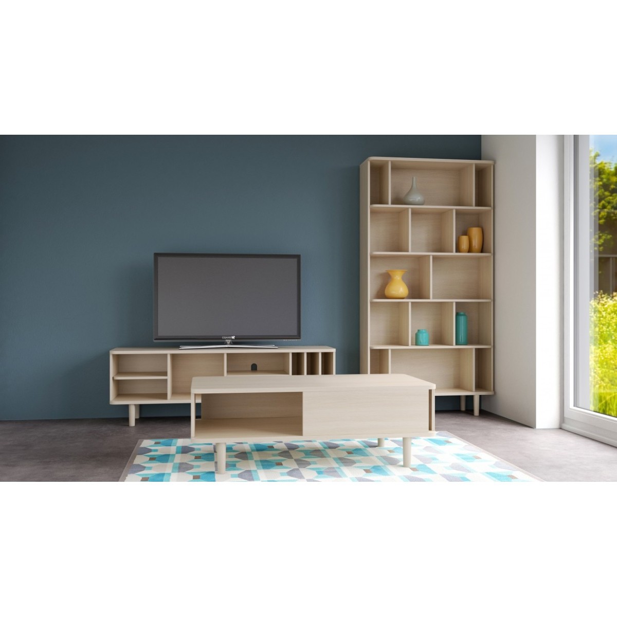 Table basse design Hillen 125cm bois naturel rectangulaire de salon