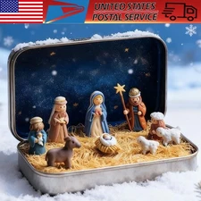 Mini Christmas Nativity Set in Tin Box, Portable Pocket Nativity Scene Decor
