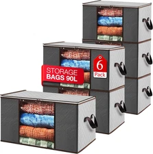 Collapsible Storage Bags 6-Pack – 90L, Clear Window Zipper, Handles, Grey Closet