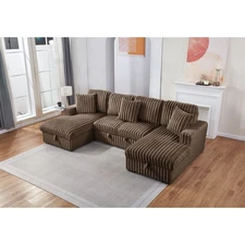 4 Seat Pull Bed Storage Chaise Setional Sofa Bed for Living Room, Fabric, Brown