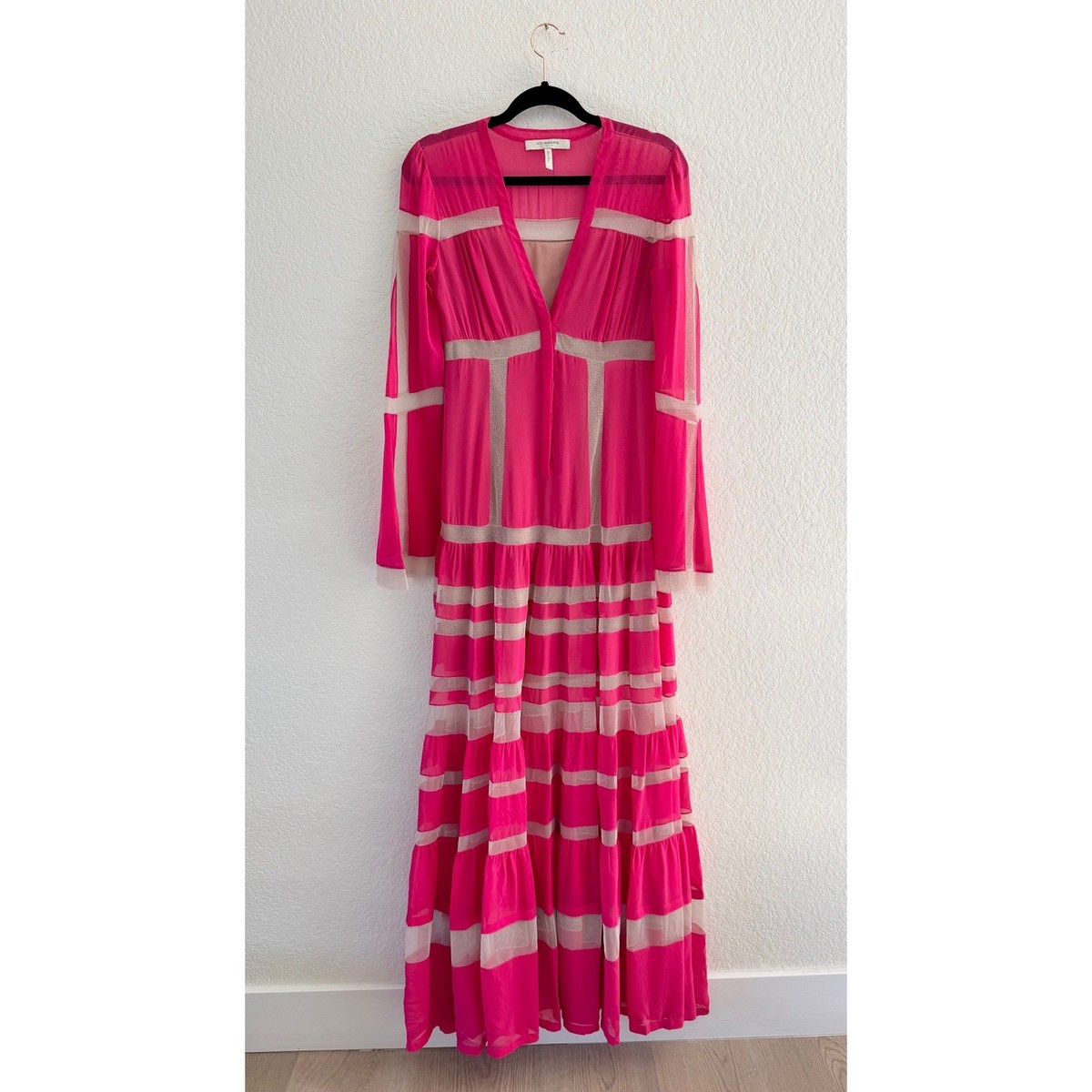 BCBGMAXAZRIA Runway Fuchsia Pink Mesh Panel Geometric Maxi Dress