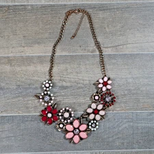 Charming Charlie Pink Floral Rhinestone Gold Tone Bib Necklace Costume Jewelry