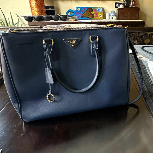 PRADA Blue Saffiano Lux Satchel Zip Top Handle, Detachable Strap, Dust Bag