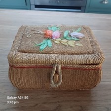 Vintage Woven Wicker Sewing Basket Box Raffia Floral Woven , 17 X 13 cm.