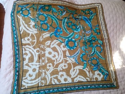 LANVIN PARIS - SCHAL quadratisch Seide Goldboden Türkis-weiße Blumen 86 cm
