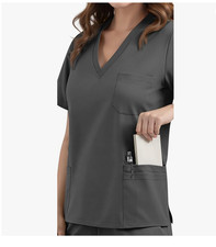 Womens Large Medical Scrub Top Grey soft Polyester rayon fitted 6 pockets