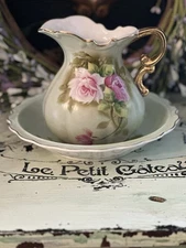 VTG Lefton China Handpainted Porcelain Pitcher & Bowl #4579 Green Heritage Rose 