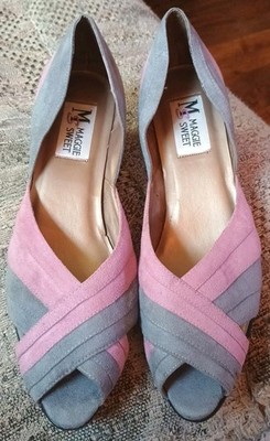 Vtg Retro Maggie Sweet Inez Suede Pink Gray Pleated peep toe 2'' Heels Pumps 11