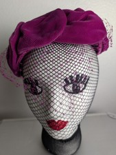 Vintage Bright Pink Fuschia Velvet Petals Hat with Intact Veil Netting One Size