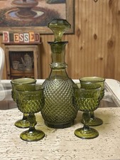 VINTAGE MID CENTURY EMPOLI GLASS GREEN PINEAPPLE HOBNAIL SET JEANIE BOTTLE