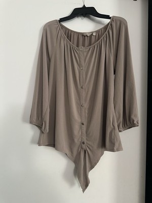 Coral Bay Tan Round Neck, Button Down, 3/4 Sleeve Top, Size Medium