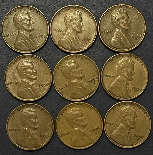 Lincoln Cents. Lot Of 9. 1953, 54, 55 P, D, S. Maybe Fine Or Better Condition