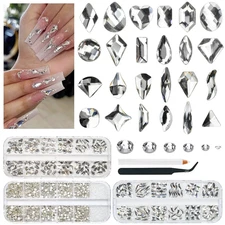 3 Boxes Silver Clear Nail Rhinestones 240 Multi-Shapes Crystal White Big Gems St