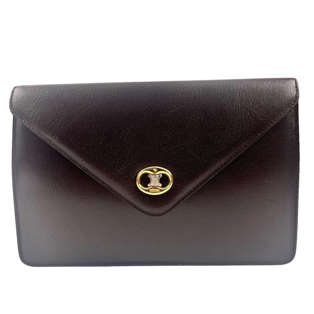 Celine Authentic Brown Leather Clutch Bag with Gold Hardware 0085