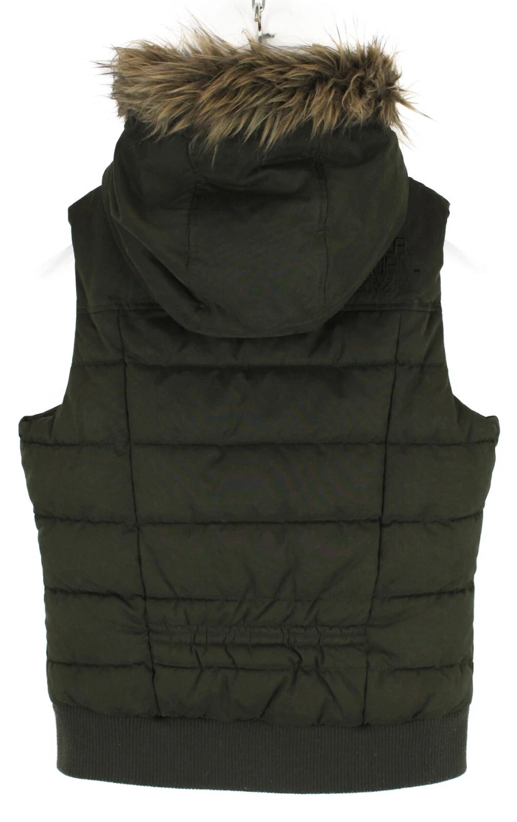 SUPERDRY MicroFibre The Hooded Gilet Waistcoat Women s XS Khaki Padded hooded