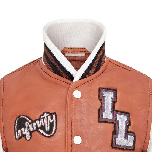 Kids Tan Brown Leather Letterman Bomber Jacket - Picture 3 of 8