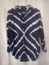 CHAPS Ralph Lauren Womens Long Sleeve Navy and White Tie Dye Collar Tunic