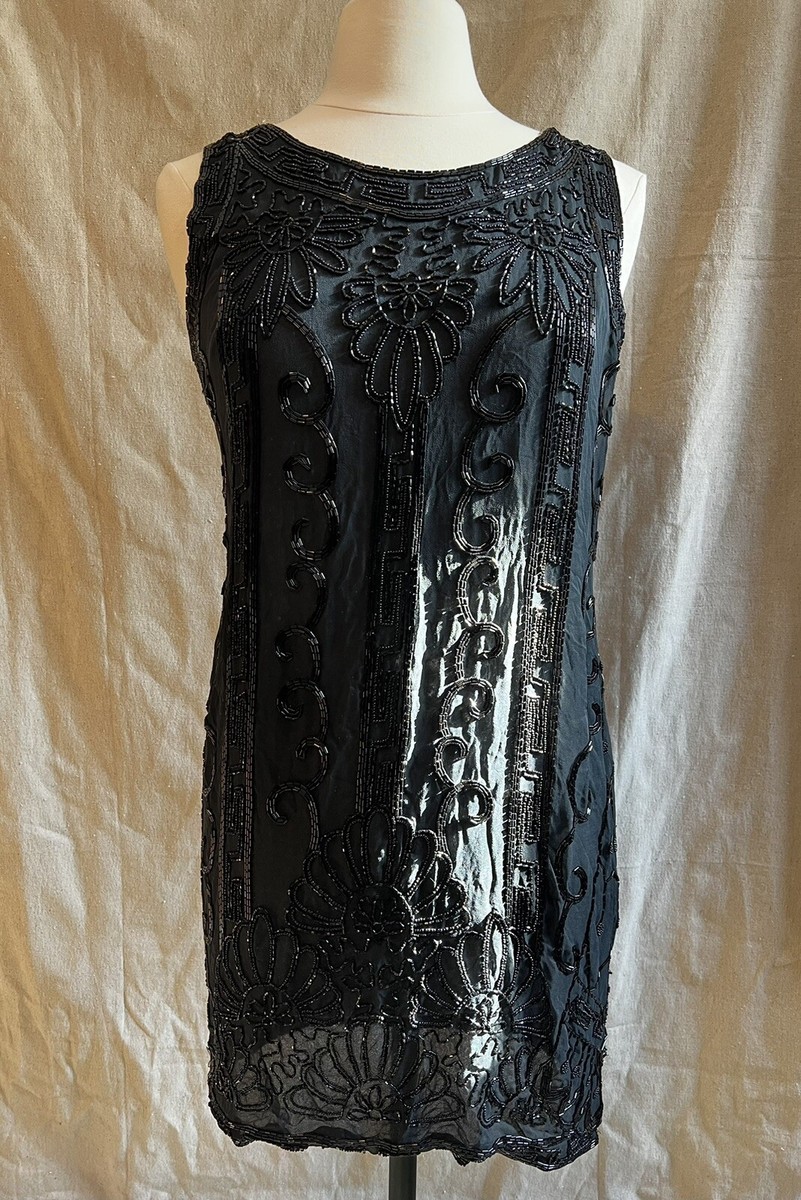 dkny black silk dress Vintage DKNY Black Silk Beaded Dress Size 10