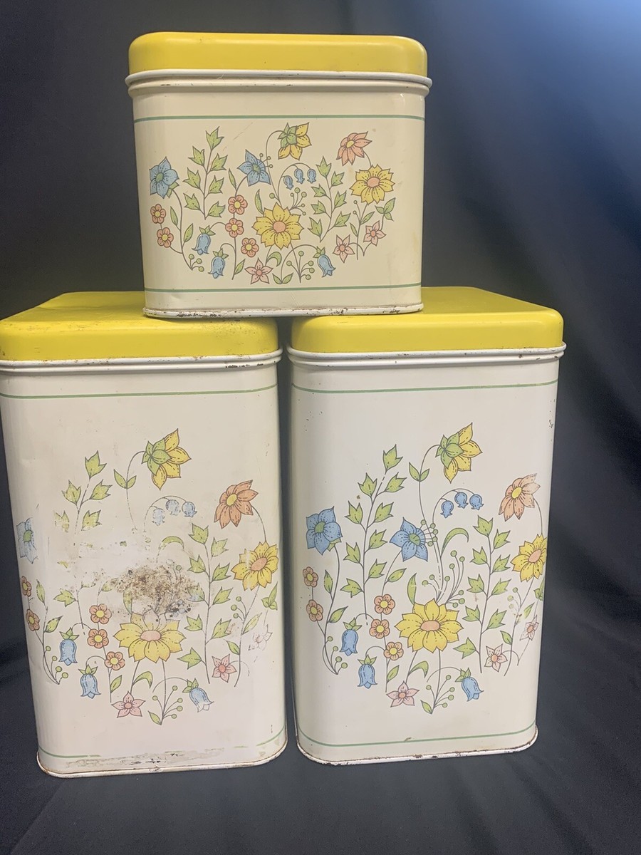 Vintage MCM Set of 3 Cheinco Metal Houseware Tin Kitchen Canisters