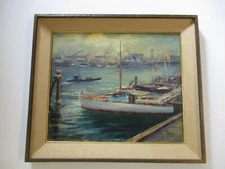 MID CENTURY COASTAL PAINTING SIGNED POLLAT IMPRESSIONISM PORT BOATS MARINA 1950