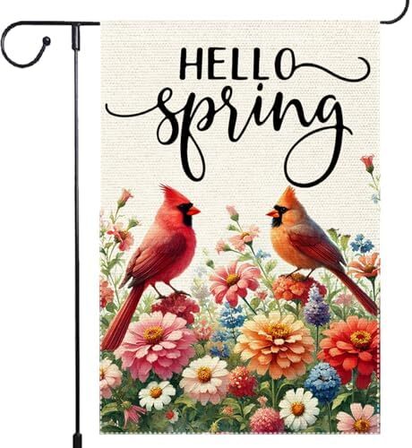 Hello Spring Cardinal Garden Flag 12x18 inc Double Sided Burlap Wildflowers Yard