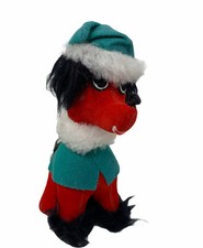 Vintage Dakin DREAM PETS 6 1/2" Red Dog Black Fur Santa Hat Sawdust Animal Toy