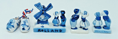 Assortment of Holland small Delft Blue Theme Items clogs kissing couple windmill