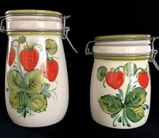 2 Ceramic Jars Canisters Hinge Red Strawberry Hand-Painted Italy VTG Farmhouse