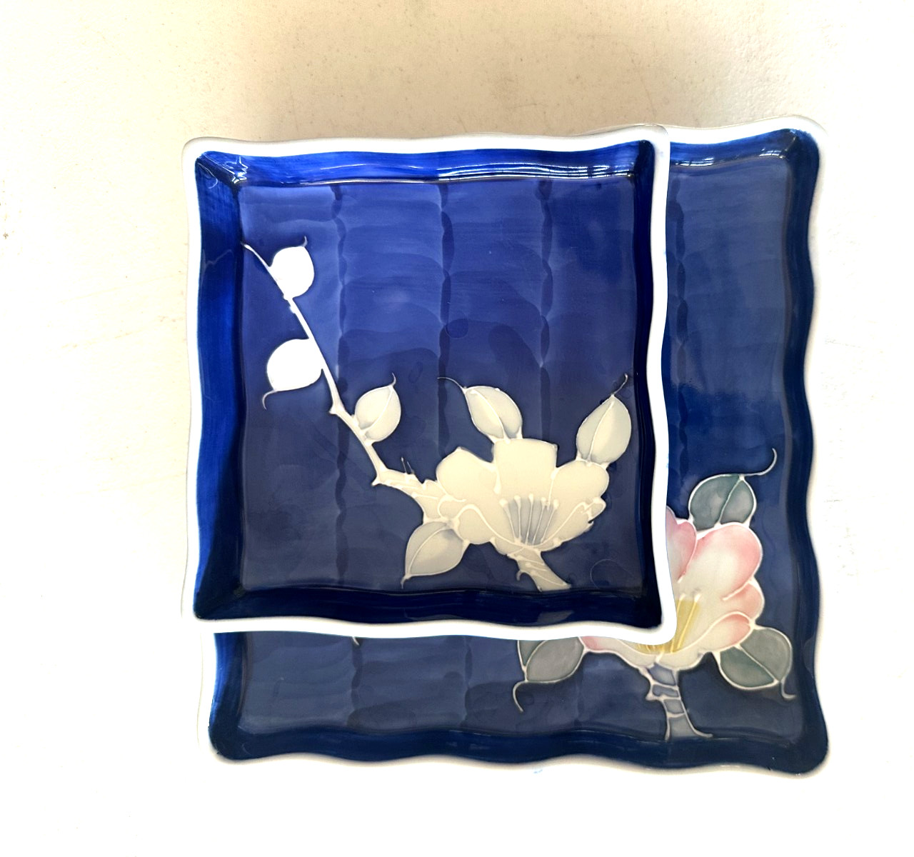 Japanese Mizumine Porcelain Square Plate Cobalt Blue Camilian Dish Set of 2