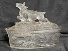 Antique  Flaccus Brothers Deer on Fallen Tree Covered Dish Milk Glass 1890's Era