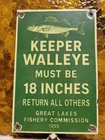 VINTAGE GREAT LAKES PORCELAIN SIGN OLD 1955 FISHERY COMMISSION WALLEYE FISHING