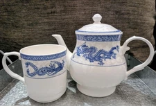 Vintage Chengs Blue & White Porcelain Dragon/Phoenix Teapot With Matching Mug