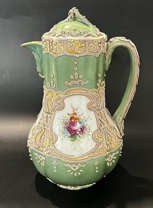 RARE Antique Nippon Chocolate Pot FOREST GREEN Coralene Jeweled Moriage 10"