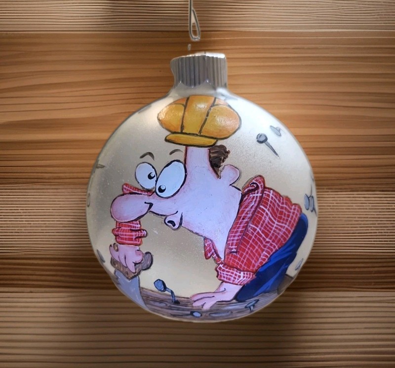Vtg Glass Hand Painted Signed Ornament EUC Goofy Carpenter Handman 3.5” OOAK