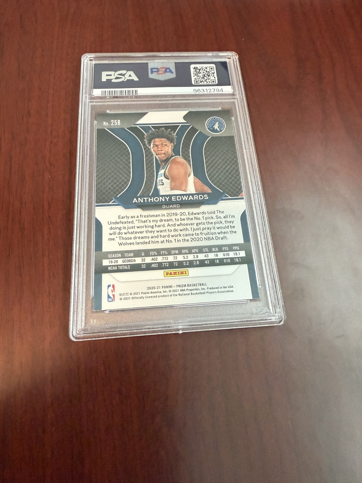 2020 Panini Prizm #258 Anthony Edwards Rookie Card. PSA 9 MINT view 2
