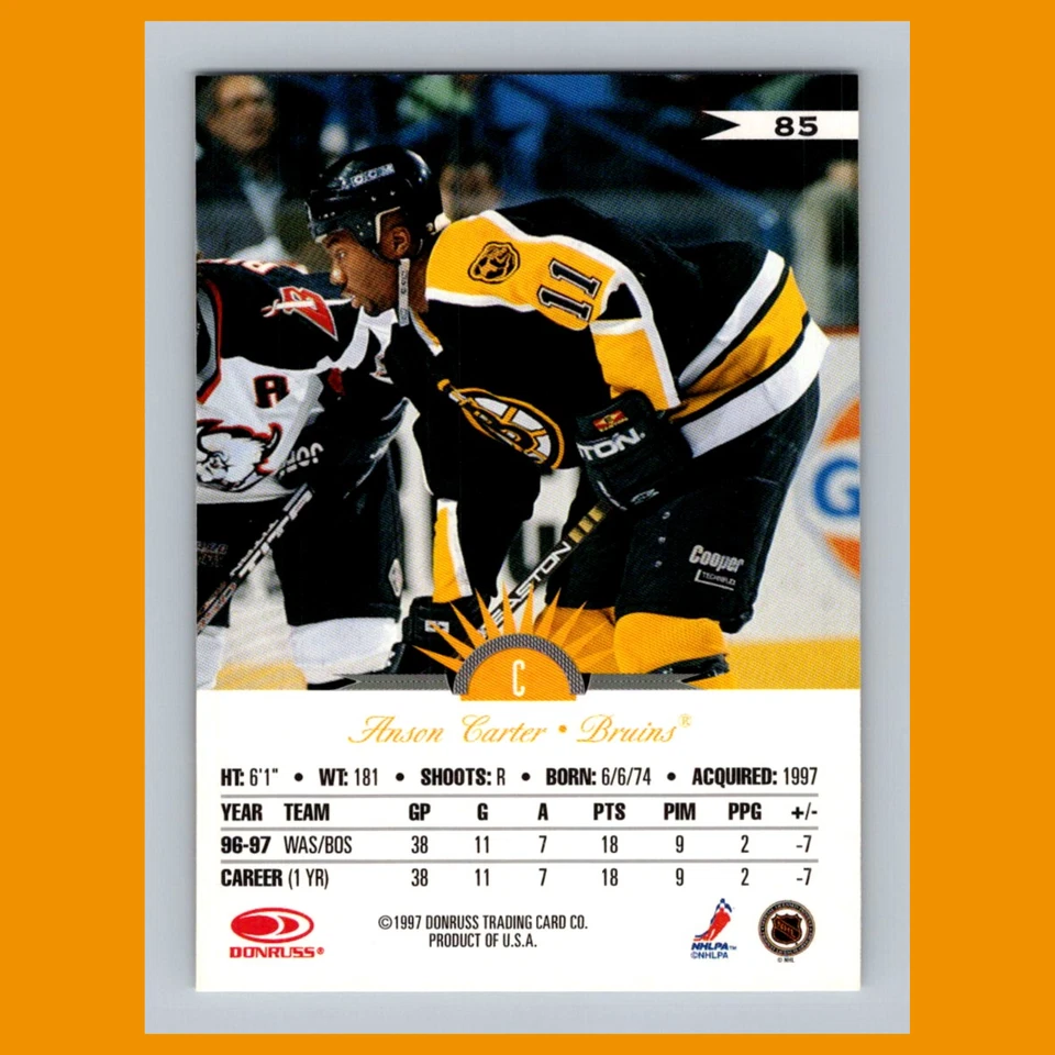 Anson Carter #85 1997-98 Leaf Boston Bruins Hockey Card NHL - Image 2 of 3