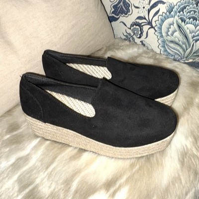 Black Espadrille Slip-On Suede Flats for Women with Rubber Sole Round Toe