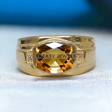 Citrine Cushion Cut With 925 Sterling Silver Gold Plated Ring For Men's #447 #