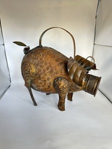 COPPER PIG WATERING CAN HAMMERED DECORATIVE INDOOR OUTDOOR GREEN PATINA