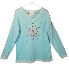Quacker Factory Snowflake Blue V-Neck Sweater Large Beads Sequins Winter Holiday