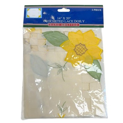 Vintage Hand Crafted Crocheted Lace Doily Sunflower White/Yellow 14  X 20  NIP