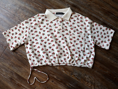 Romantic Red Rose Floral Cropped Polo Top Tie Detail Preppy Vega Chang Womens S