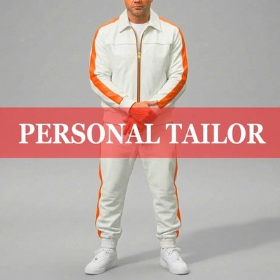 Men's Genuine Lambskin Leather TrackSuit Front Zipper Sweatsuit [White/Orange]